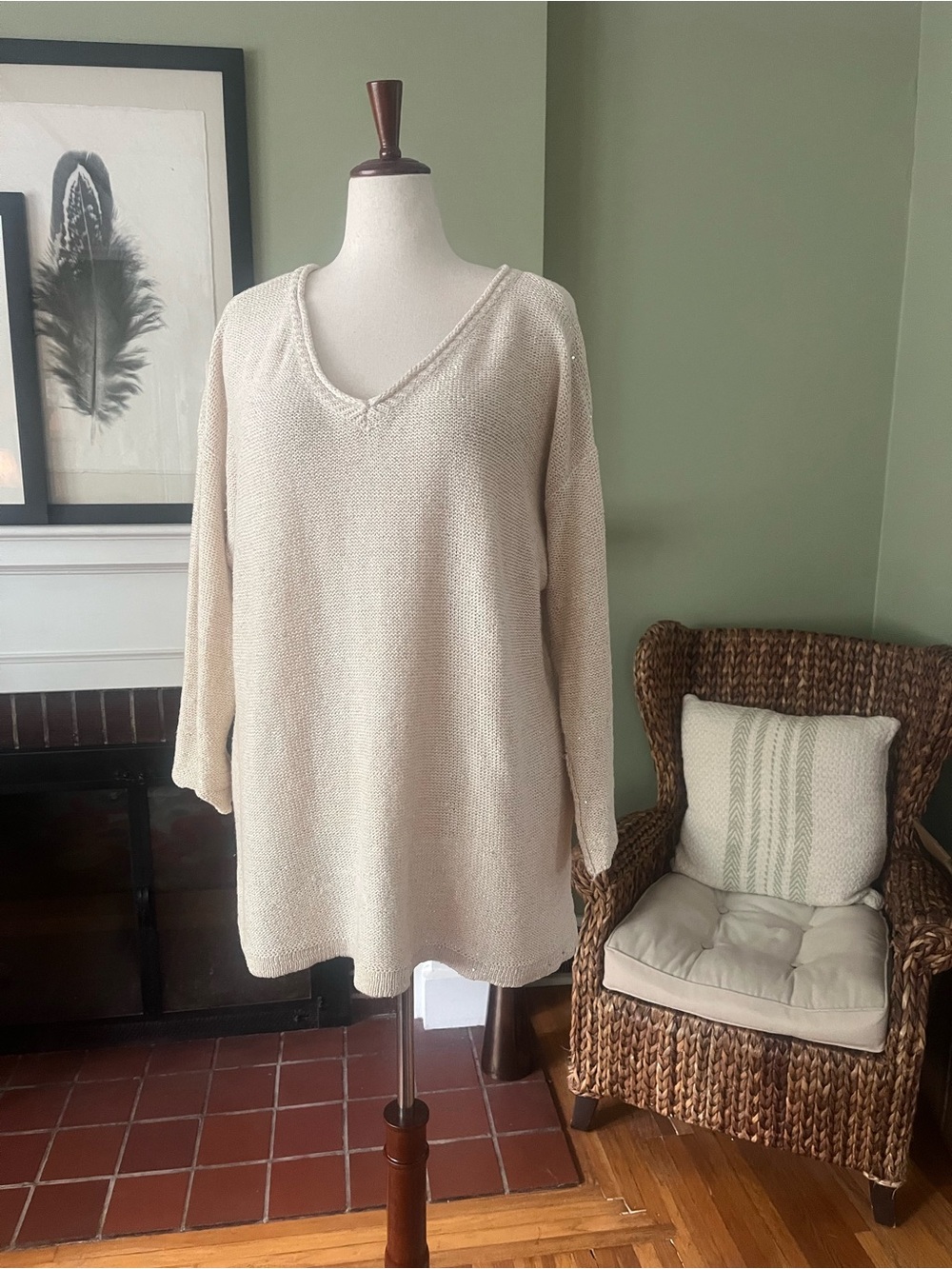 DKNY Jeans Ivory Sequin Open Knit Oversized Sweater - Size 3X